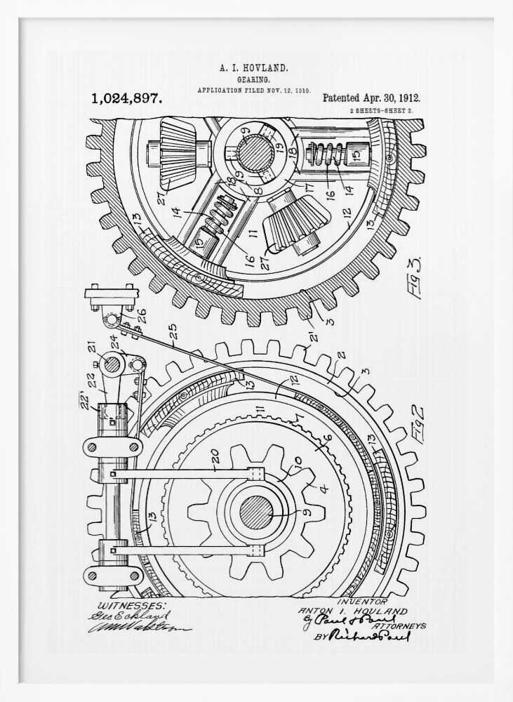 A framed black and white patent illustration for a 'Gearing' mechanism by A. I. Hovland, dated 1912. The detailed technical drawing shows two large interlocking gears with their internal components, labeled with numbers and accompanied by official text and signatures. Print