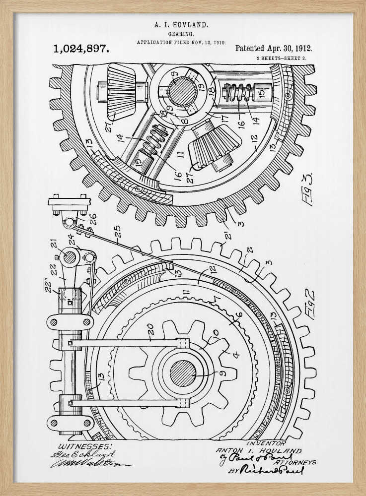 A framed black and white patent illustration for a 'Gearing' mechanism by A. I. Hovland, dated 1912. The detailed technical drawing shows two large interlocking gears with their internal components, labeled with numbers and accompanied by official text and signatures. Print