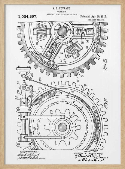 A framed black and white patent illustration for a 'Gearing' mechanism by A. I. Hovland, dated 1912. The detailed technical drawing shows two large interlocking gears with their internal components, labeled with numbers and accompanied by official text and signatures. Print