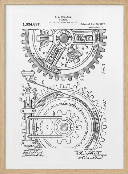 A framed black and white patent illustration for a 'Gearing' mechanism by A. I. Hovland, dated 1912. The detailed technical drawing shows two large interlocking gears with their internal components, labeled with numbers and accompanied by official text and signatures. Print