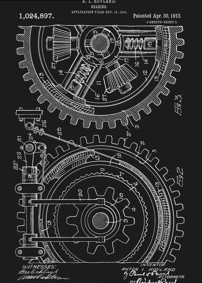 A vintage patent diagram from 1912 for a gearing mechanism, displayed as a white line drawing on a black background. The technical illustration shows two large interlocking gears in cross-section, with detailed components and numbered parts. Text at the top identifies the inventor, patent number, and dates. Decor