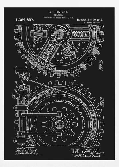 A vintage patent diagram from 1912 for a gearing mechanism, displayed as a white line drawing on a black background. The technical illustration shows two large interlocking gears in cross-section, with detailed components and numbered parts. Text at the top identifies the inventor, patent number, and dates. Decor