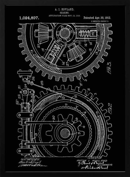 A vintage patent diagram from 1912 for a gearing mechanism, displayed as a white line drawing on a black background. The technical illustration shows two large interlocking gears in cross-section, with detailed components and numbered parts. Text at the top identifies the inventor, patent number, and dates. Decor