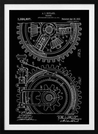 A vintage patent diagram from 1912 for a gearing mechanism, displayed as a white line drawing on a black background. The technical illustration shows two large interlocking gears in cross-section, with detailed components and numbered parts. Text at the top identifies the inventor, patent number, and dates. Decor