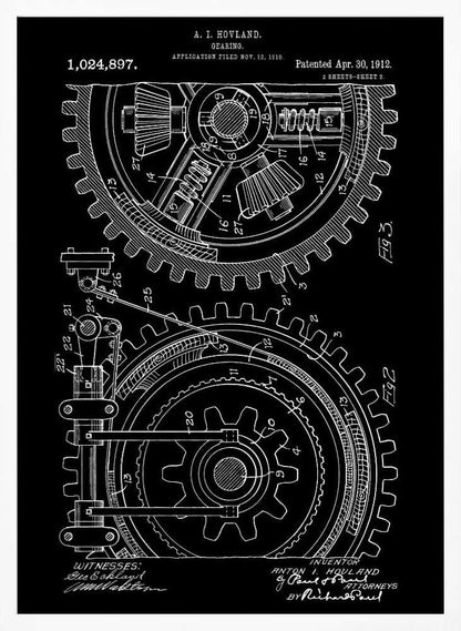 A vintage patent diagram from 1912 for a gearing mechanism, displayed as a white line drawing on a black background. The technical illustration shows two large interlocking gears in cross-section, with detailed components and numbered parts. Text at the top identifies the inventor, patent number, and dates. Decor