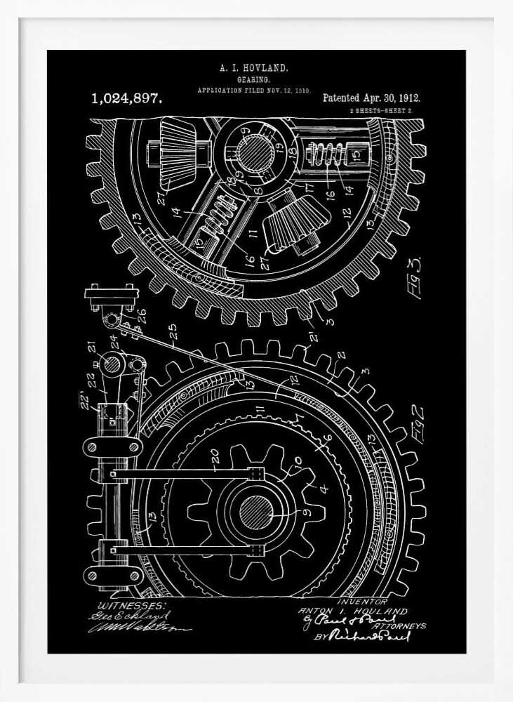 A vintage patent diagram from 1912 for a gearing mechanism, displayed as a white line drawing on a black background. The technical illustration shows two large interlocking gears in cross-section, with detailed components and numbered parts. Text at the top identifies the inventor, patent number, and dates. Decor