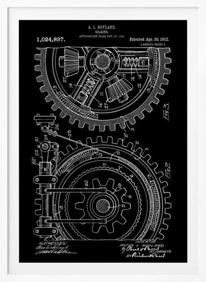 A vintage patent diagram from 1912 for a gearing mechanism, displayed as a white line drawing on a black background. The technical illustration shows two large interlocking gears in cross-section, with detailed components and numbered parts. Text at the top identifies the inventor, patent number, and dates. Decor