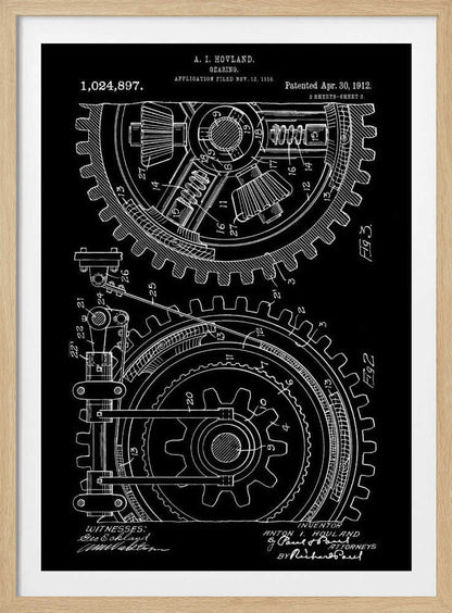 A vintage patent diagram from 1912 for a gearing mechanism, displayed as a white line drawing on a black background. The technical illustration shows two large interlocking gears in cross-section, with detailed components and numbered parts. Text at the top identifies the inventor, patent number, and dates. Decor
