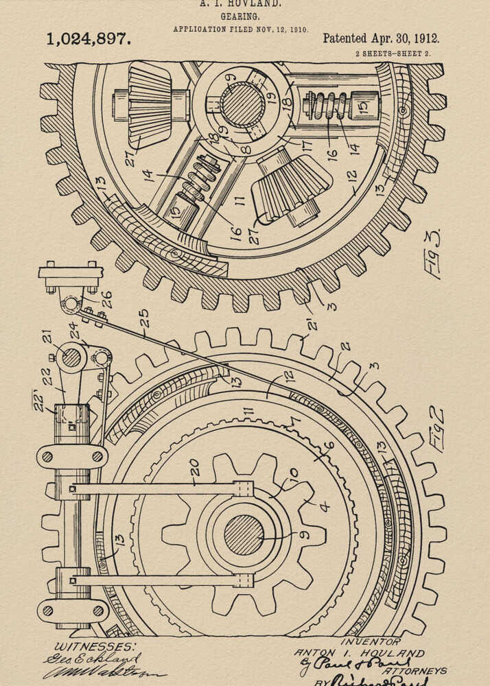 A framed vintage patent illustration of a complex gearing mechanism, dated April 30, 1912. The detailed black ink drawing on beige parchment paper shows two large interlocking gears with their internal components, complete with numbered parts and official text. Artwork