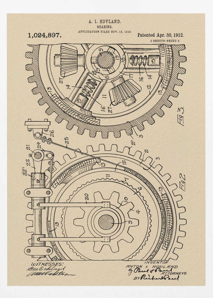 A framed vintage patent illustration of a complex gearing mechanism, dated April 30, 1912. The detailed black ink drawing on beige parchment paper shows two large interlocking gears with their internal components, complete with numbered parts and official text. Artwork