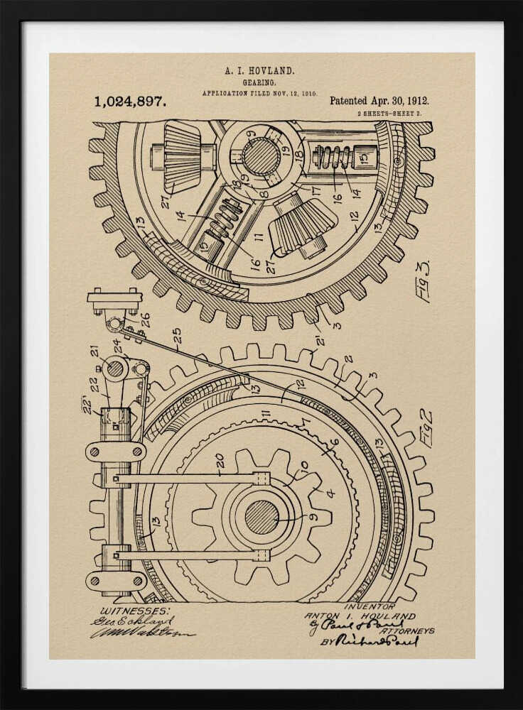 A framed vintage patent illustration of a complex gearing mechanism, dated April 30, 1912. The detailed black ink drawing on beige parchment paper shows two large interlocking gears with their internal components, complete with numbered parts and official text. Artwork