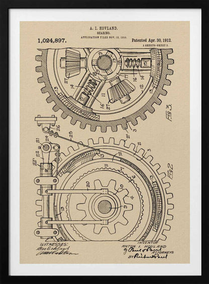 A framed vintage patent illustration of a complex gearing mechanism, dated April 30, 1912. The detailed black ink drawing on beige parchment paper shows two large interlocking gears with their internal components, complete with numbered parts and official text. Artwork