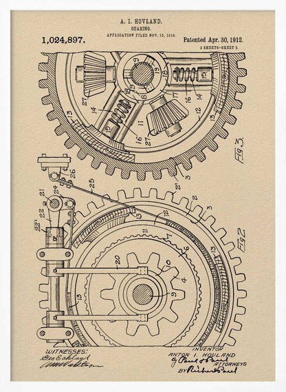 A framed vintage patent illustration of a complex gearing mechanism, dated April 30, 1912. The detailed black ink drawing on beige parchment paper shows two large interlocking gears with their internal components, complete with numbered parts and official text. Artwork