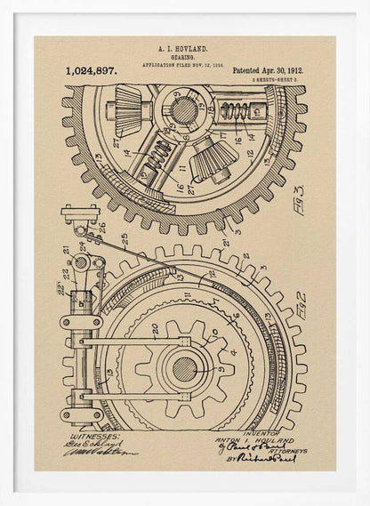 A framed vintage patent illustration of a complex gearing mechanism, dated April 30, 1912. The detailed black ink drawing on beige parchment paper shows two large interlocking gears with their internal components, complete with numbered parts and official text. Artwork
