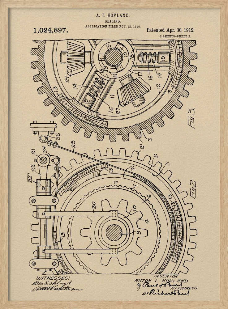 A framed vintage patent illustration of a complex gearing mechanism, dated April 30, 1912. The detailed black ink drawing on beige parchment paper shows two large interlocking gears with their internal components, complete with numbered parts and official text. Artwork