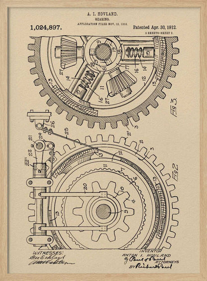 A framed vintage patent illustration of a complex gearing mechanism, dated April 30, 1912. The detailed black ink drawing on beige parchment paper shows two large interlocking gears with their internal components, complete with numbered parts and official text. Artwork