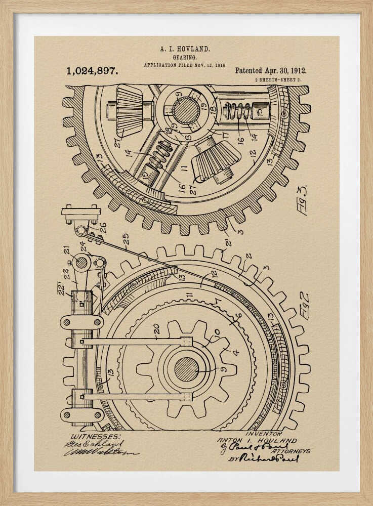 A framed vintage patent illustration of a complex gearing mechanism, dated April 30, 1912. The detailed black ink drawing on beige parchment paper shows two large interlocking gears with their internal components, complete with numbered parts and official text. Artwork