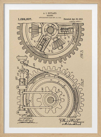 A framed vintage patent illustration of a complex gearing mechanism, dated April 30, 1912. The detailed black ink drawing on beige parchment paper shows two large interlocking gears with their internal components, complete with numbered parts and official text. Artwork