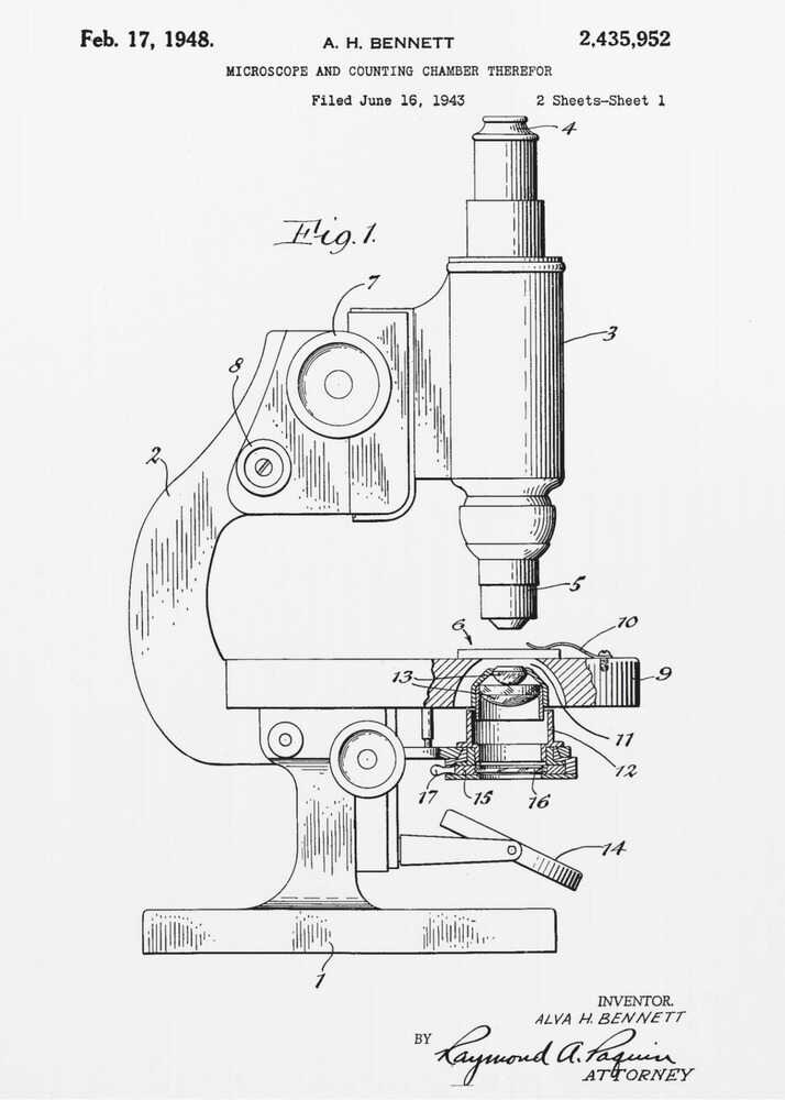 A framed patent illustration for a microscope, dated February 17, 1948. The black and white technical drawing shows a side view of the microscope with its various parts labeled with numbers. Text at the top provides patent details, and signatures are at the bottom. Wall Art