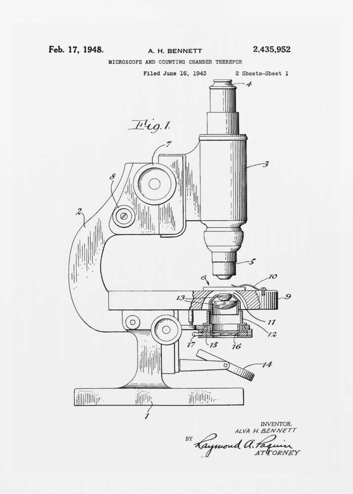A framed patent illustration for a microscope, dated February 17, 1948. The black and white technical drawing shows a side view of the microscope with its various parts labeled with numbers. Text at the top provides patent details, and signatures are at the bottom. Wall Art