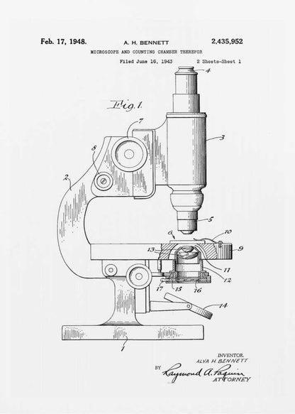 A framed patent illustration for a microscope, dated February 17, 1948. The black and white technical drawing shows a side view of the microscope with its various parts labeled with numbers. Text at the top provides patent details, and signatures are at the bottom. Wall Art