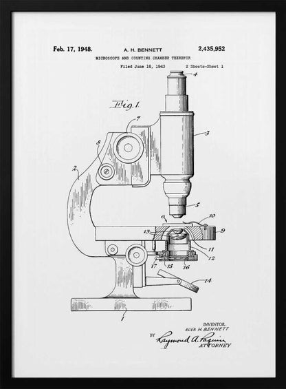 A framed patent illustration for a microscope, dated February 17, 1948. The black and white technical drawing shows a side view of the microscope with its various parts labeled with numbers. Text at the top provides patent details, and signatures are at the bottom. Wall Art