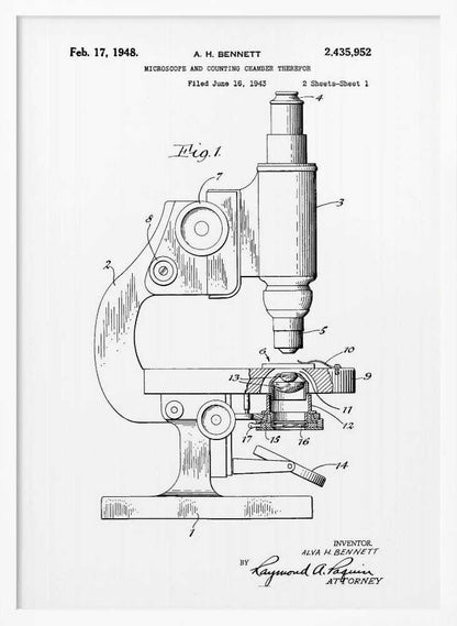 A framed patent illustration for a microscope, dated February 17, 1948. The black and white technical drawing shows a side view of the microscope with its various parts labeled with numbers. Text at the top provides patent details, and signatures are at the bottom. Wall Art