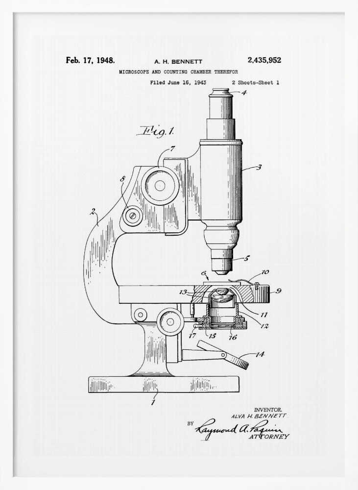 A framed patent illustration for a microscope, dated February 17, 1948. The black and white technical drawing shows a side view of the microscope with its various parts labeled with numbers. Text at the top provides patent details, and signatures are at the bottom. Wall Art
