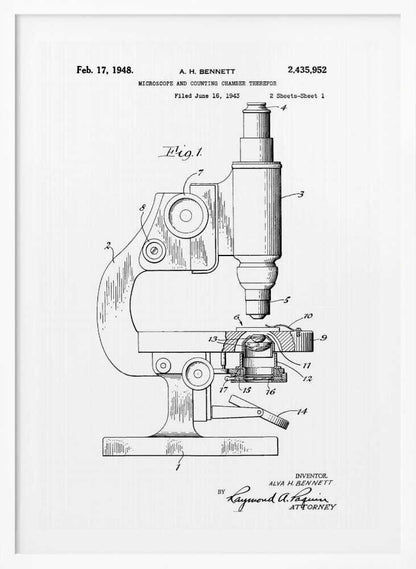 A framed patent illustration for a microscope, dated February 17, 1948. The black and white technical drawing shows a side view of the microscope with its various parts labeled with numbers. Text at the top provides patent details, and signatures are at the bottom. Wall Art
