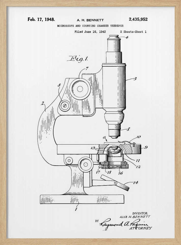 A framed patent illustration for a microscope, dated February 17, 1948. The black and white technical drawing shows a side view of the microscope with its various parts labeled with numbers. Text at the top provides patent details, and signatures are at the bottom. Wall Art