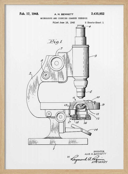 A framed patent illustration for a microscope, dated February 17, 1948. The black and white technical drawing shows a side view of the microscope with its various parts labeled with numbers. Text at the top provides patent details, and signatures are at the bottom. Wall Art