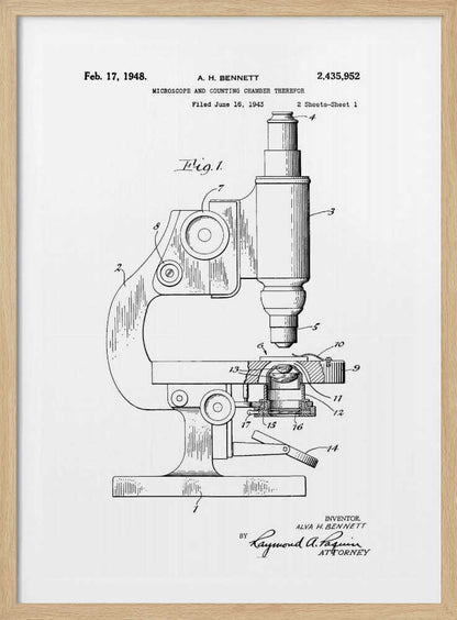 A framed patent illustration for a microscope, dated February 17, 1948. The black and white technical drawing shows a side view of the microscope with its various parts labeled with numbers. Text at the top provides patent details, and signatures are at the bottom. Wall Art