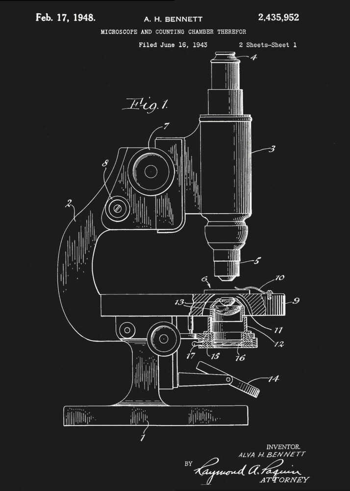 A framed patent illustration from 1948 for A. H. Bennett's microscope and counting chamber, depicted in a white-on-black blueprint style. The detailed diagram shows a side view of the microscope with various parts numbered for reference. Decor
