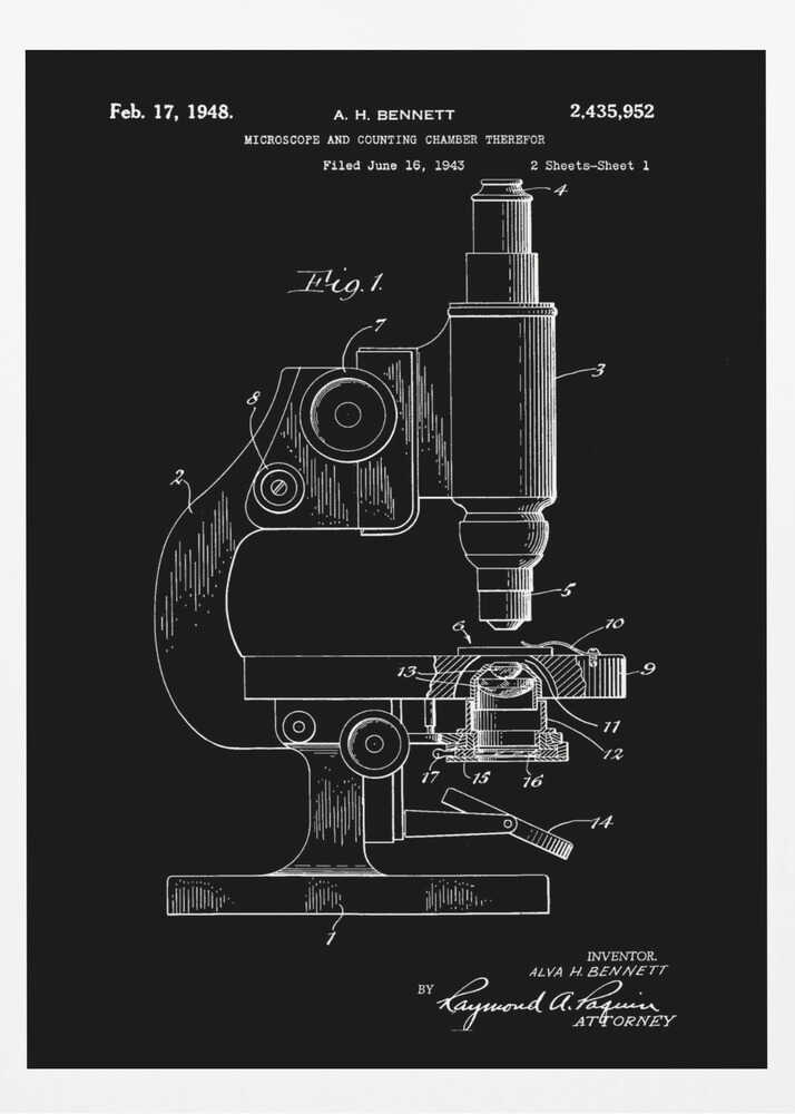 A framed patent illustration from 1948 for A. H. Bennett's microscope and counting chamber, depicted in a white-on-black blueprint style. The detailed diagram shows a side view of the microscope with various parts numbered for reference. Decor