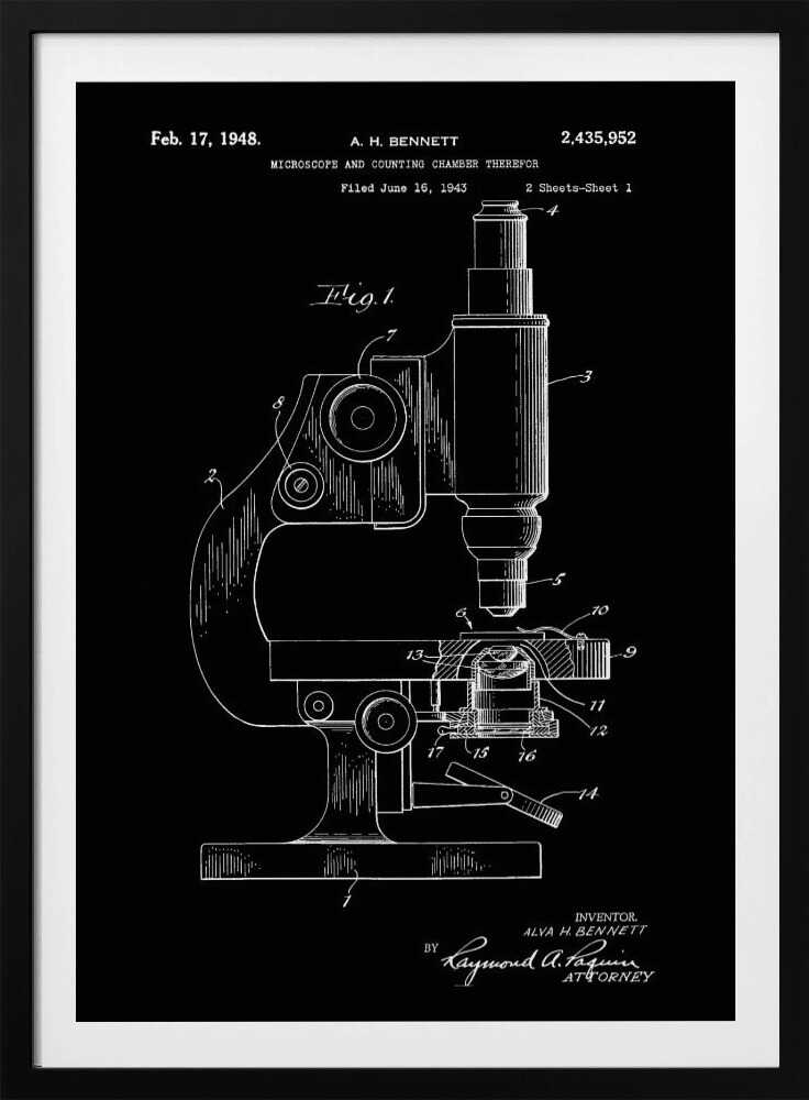 A framed patent illustration from 1948 for A. H. Bennett's microscope and counting chamber, depicted in a white-on-black blueprint style. The detailed diagram shows a side view of the microscope with various parts numbered for reference. Decor