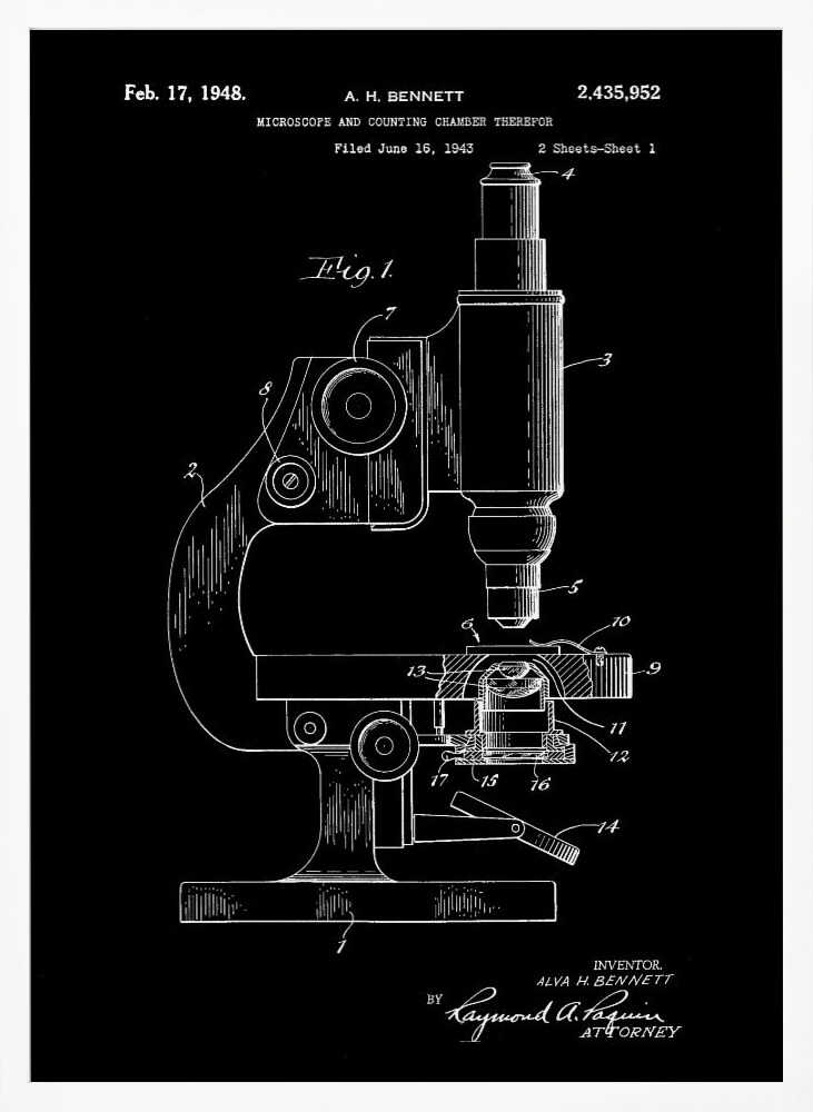 A framed patent illustration from 1948 for A. H. Bennett's microscope and counting chamber, depicted in a white-on-black blueprint style. The detailed diagram shows a side view of the microscope with various parts numbered for reference. Decor