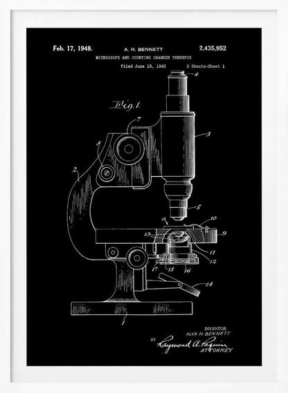 A framed patent illustration from 1948 for A. H. Bennett's microscope and counting chamber, depicted in a white-on-black blueprint style. The detailed diagram shows a side view of the microscope with various parts numbered for reference. Decor