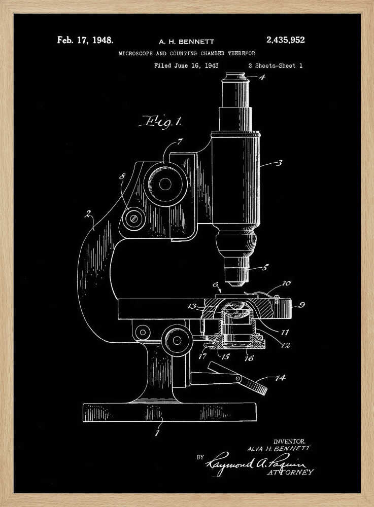 A framed patent illustration from 1948 for A. H. Bennett's microscope and counting chamber, depicted in a white-on-black blueprint style. The detailed diagram shows a side view of the microscope with various parts numbered for reference. Decor