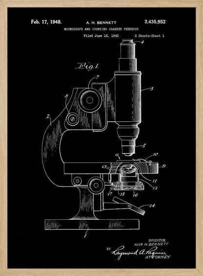 A framed patent illustration from 1948 for A. H. Bennett's microscope and counting chamber, depicted in a white-on-black blueprint style. The detailed diagram shows a side view of the microscope with various parts numbered for reference. Decor