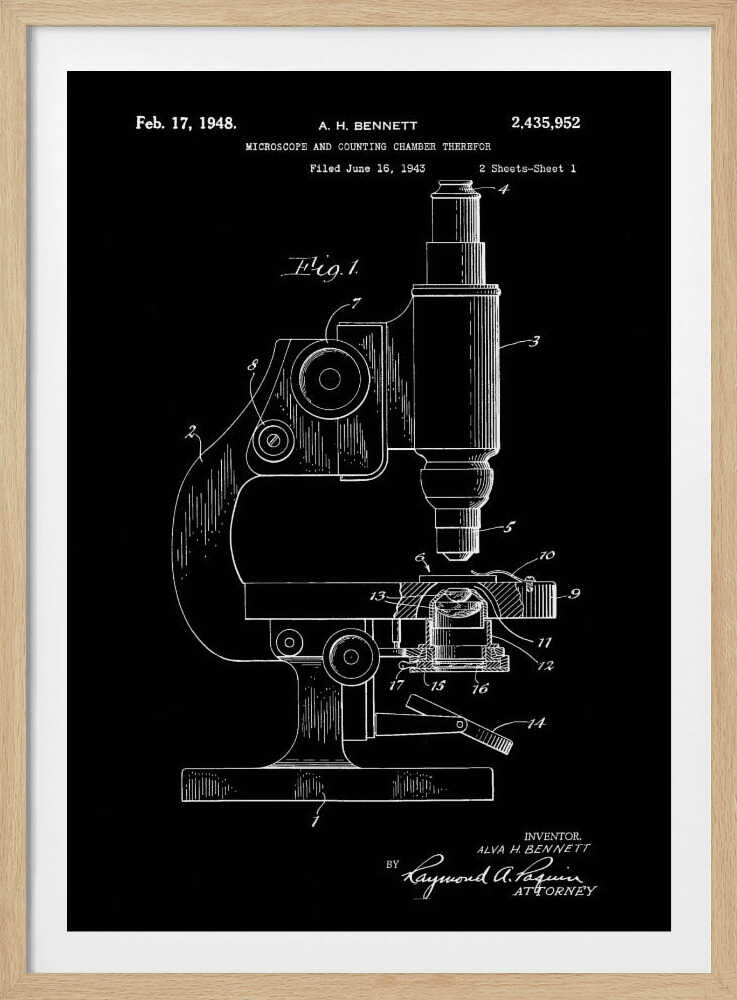 A framed patent illustration from 1948 for A. H. Bennett's microscope and counting chamber, depicted in a white-on-black blueprint style. The detailed diagram shows a side view of the microscope with various parts numbered for reference. Decor