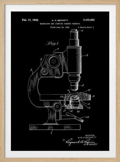 A framed patent illustration from 1948 for A. H. Bennett's microscope and counting chamber, depicted in a white-on-black blueprint style. The detailed diagram shows a side view of the microscope with various parts numbered for reference. Decor
