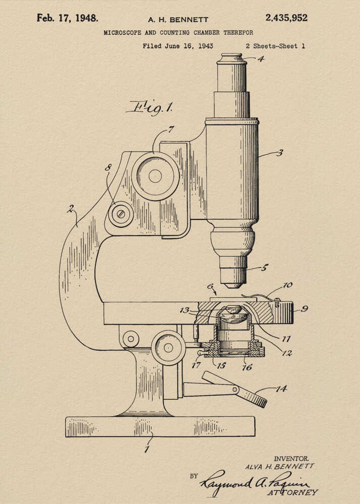 A framed vintage patent illustration for a microscope by A.H. Bennett, dated February 17, 1948. The black line drawing is on a tan, parchment-like background and shows a detailed side view of the microscope with its parts numbered, in the style of a technical blueprint. Wall Art