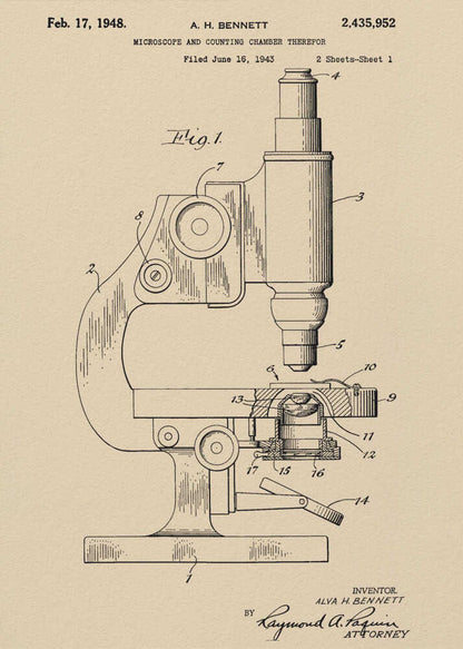A framed vintage patent illustration for a microscope by A.H. Bennett, dated February 17, 1948. The black line drawing is on a tan, parchment-like background and shows a detailed side view of the microscope with its parts numbered, in the style of a technical blueprint. Wall Art