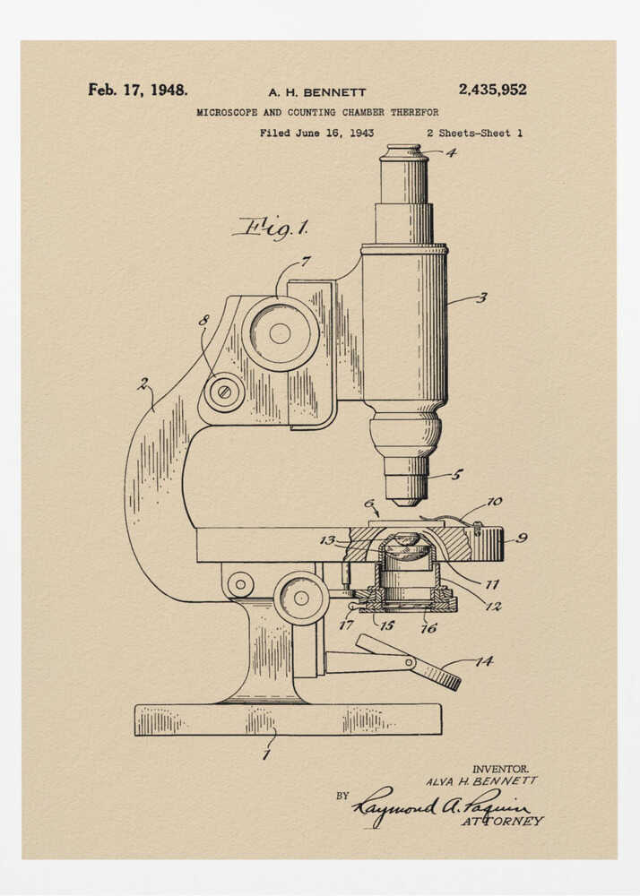 A framed vintage patent illustration for a microscope by A.H. Bennett, dated February 17, 1948. The black line drawing is on a tan, parchment-like background and shows a detailed side view of the microscope with its parts numbered, in the style of a technical blueprint. Wall Art