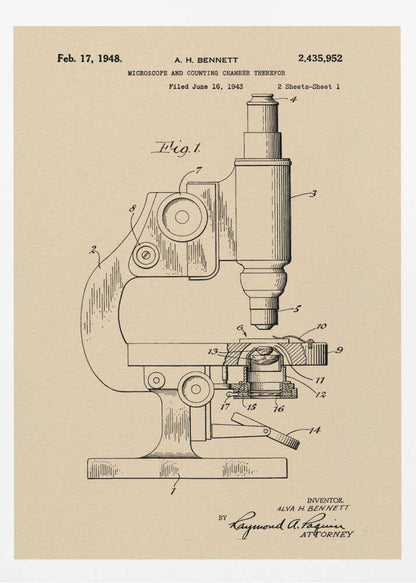 A framed vintage patent illustration for a microscope by A.H. Bennett, dated February 17, 1948. The black line drawing is on a tan, parchment-like background and shows a detailed side view of the microscope with its parts numbered, in the style of a technical blueprint. Wall Art