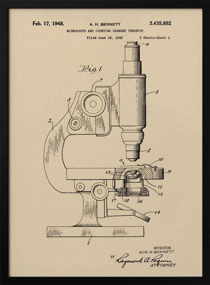 A framed vintage patent illustration for a microscope by A.H. Bennett, dated February 17, 1948. The black line drawing is on a tan, parchment-like background and shows a detailed side view of the microscope with its parts numbered, in the style of a technical blueprint. Wall Art