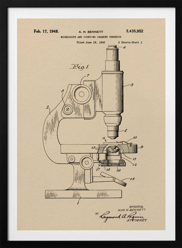 A framed vintage patent illustration for a microscope by A.H. Bennett, dated February 17, 1948. The black line drawing is on a tan, parchment-like background and shows a detailed side view of the microscope with its parts numbered, in the style of a technical blueprint. Wall Art