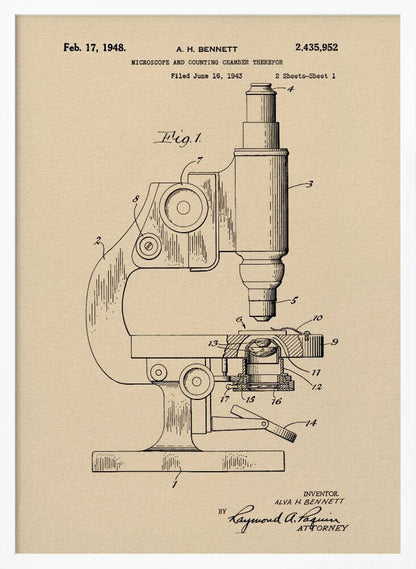 A framed vintage patent illustration for a microscope by A.H. Bennett, dated February 17, 1948. The black line drawing is on a tan, parchment-like background and shows a detailed side view of the microscope with its parts numbered, in the style of a technical blueprint. Wall Art