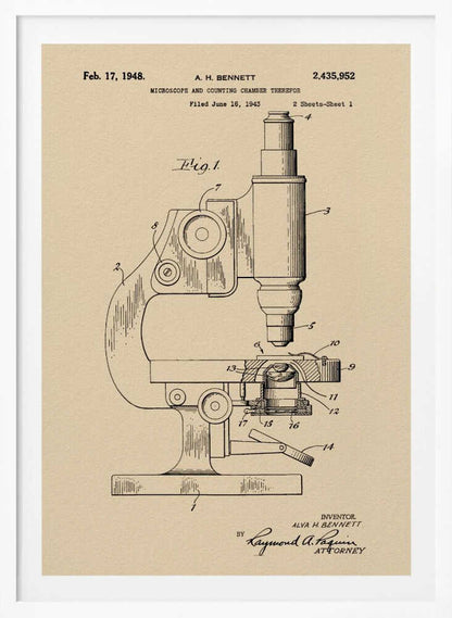 A framed vintage patent illustration for a microscope by A.H. Bennett, dated February 17, 1948. The black line drawing is on a tan, parchment-like background and shows a detailed side view of the microscope with its parts numbered, in the style of a technical blueprint. Wall Art