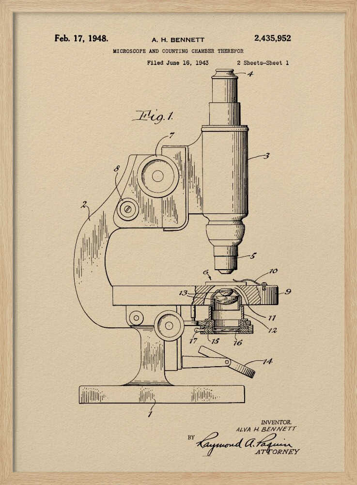 A framed vintage patent illustration for a microscope by A.H. Bennett, dated February 17, 1948. The black line drawing is on a tan, parchment-like background and shows a detailed side view of the microscope with its parts numbered, in the style of a technical blueprint. Wall Art